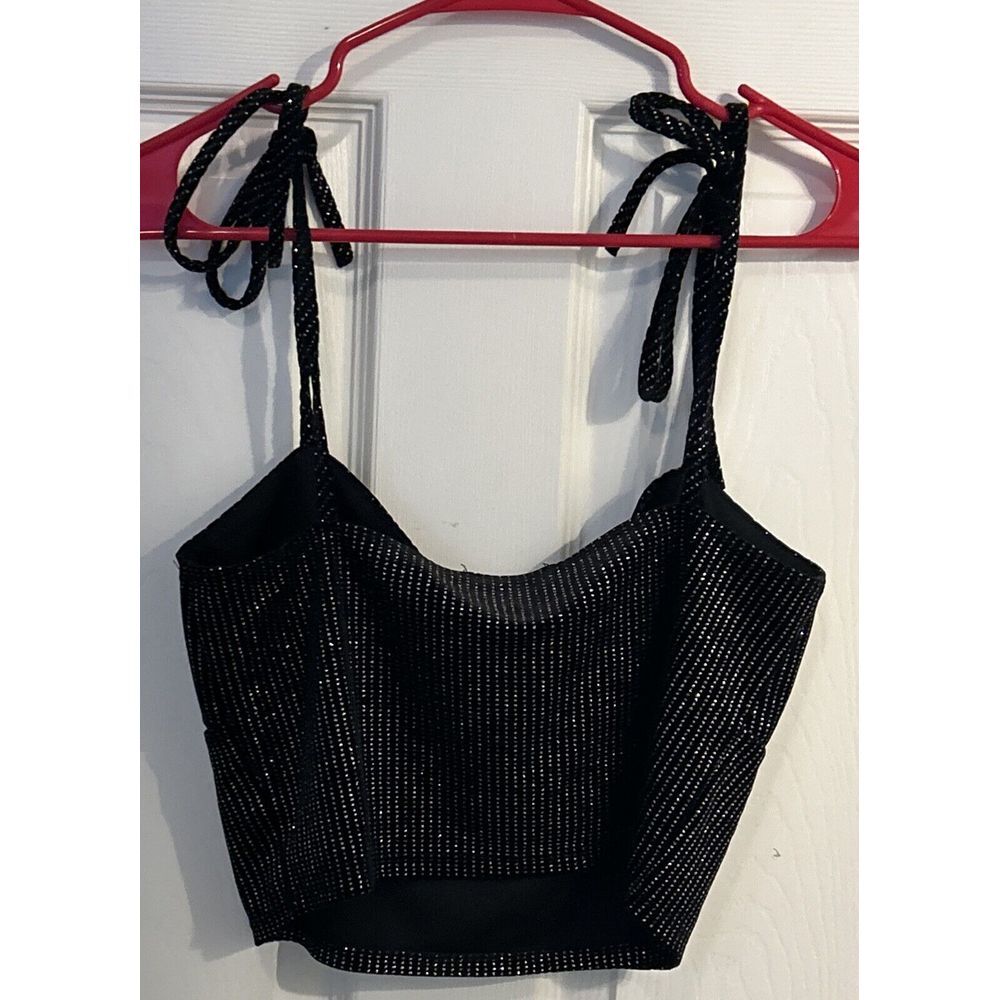 Forever 21 Womens L Velvet Sparkle Crop Top Tie Straps Black - Picture 6 of 8